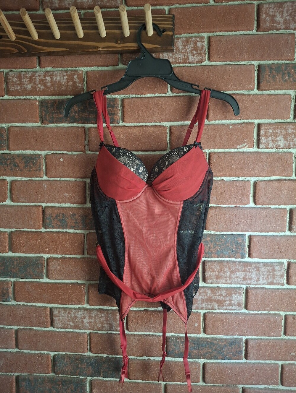 Adore Me Red and Black Lace Bustier Bodysuit with Garter Straps